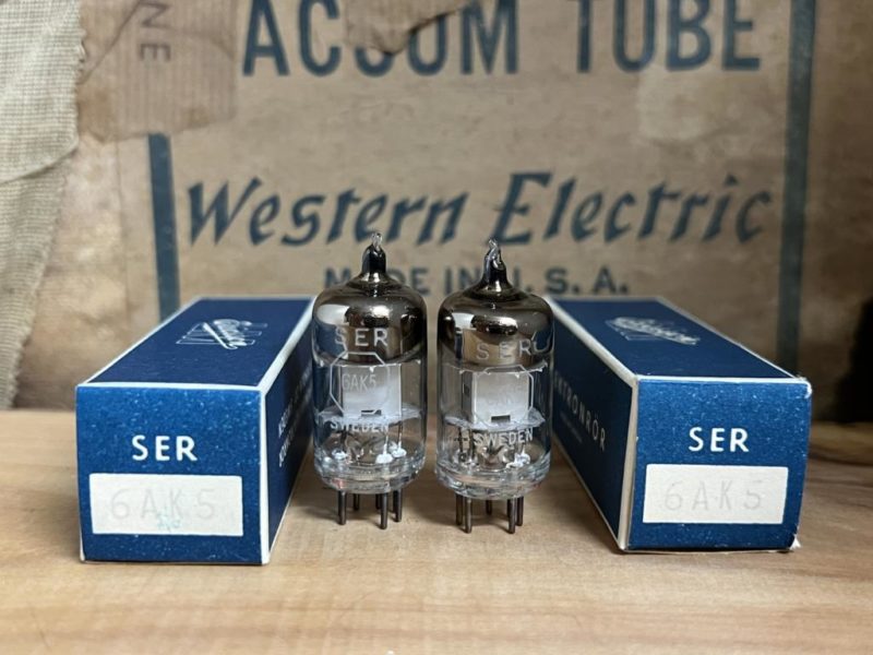 6AK5 EF95 SER/LM Ericsson, big horseshoe getter, chrome plates, matched pair (2)