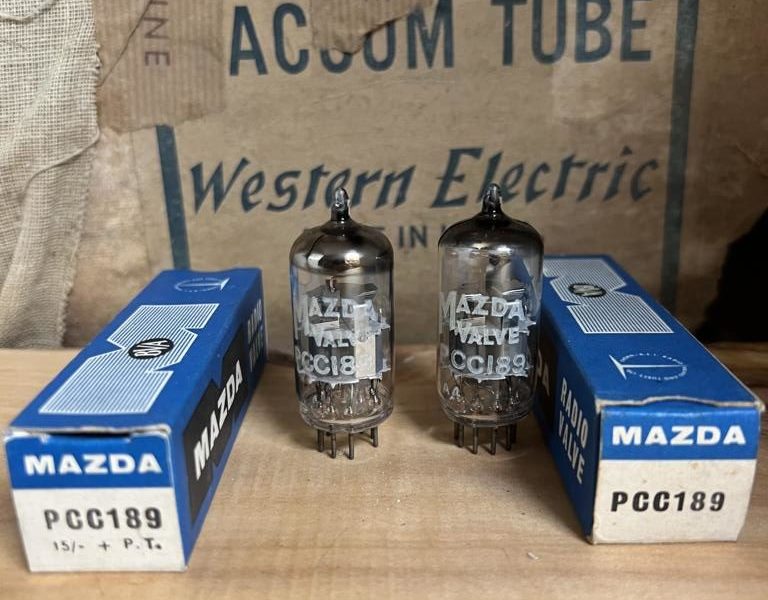 PCC189 7ES8 Mullard/Mazda true NOS/NIB, sub for E88CC/6922/CCa/6DJ8, one pair (2)