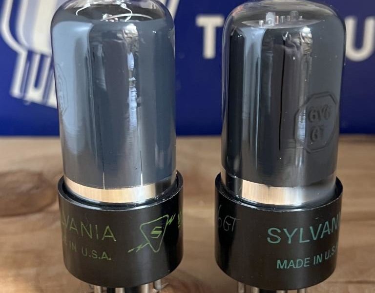 6V6GT Sylvania green print, grey glass, black base, one pair