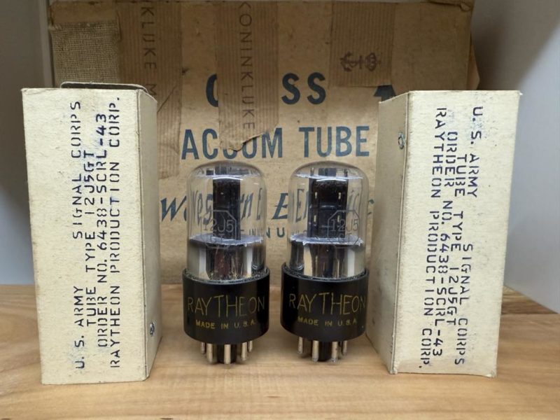 12J5GT VT135 Raytheon, made 1943, black plate, milspec, NOS/NIB, one pair (2)